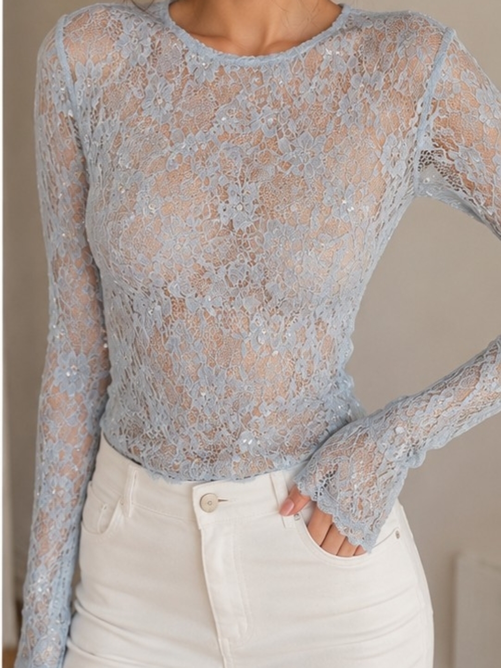 wild fable Pale Blue Floral Lace Long-Sleeve Top